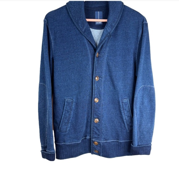 OOBE Shawl Collar Cardigan Sweater S Elbow Patch Indigo Academia Made in Canada - Picture 11 of 11